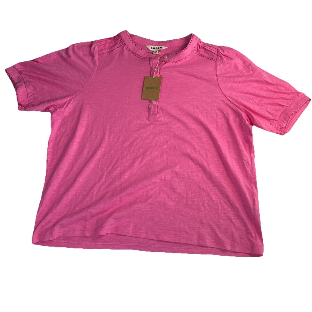 Boden Pink Pintuck Puff Short Sleeve Henley Cotton T-Shirt Women Size 16-18